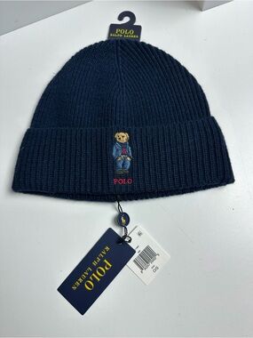 Polo Ralph Lauren Denim Bear Embroidered Knit Wool Blend Beanie Hat NWT Navy